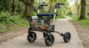 Close-up of a modern rollator walker for elderly users featuring a handy shopping basket and secure hand brakes.