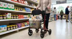 Rollator with seat and back rest featuring a handy shopping basket for everyday errands