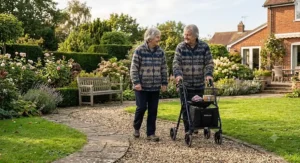 A senior British couple enjoying a stroll outdoors in a garden with their three wheel walkers.