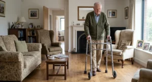 An elderly British man safely navigating his living room with the support of a wheeled folding zimmer frame.