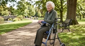 Senior woman taking a rest on the best rollator with seat in a British park
