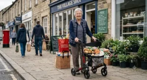 A stylish lightweight rollator for an elderly woman, loaded with groceries outside a local UK shop.