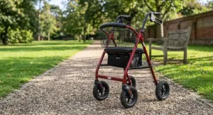 A steel framed three wheel rollator walker with durable puncture proof tyres resting on a park path.