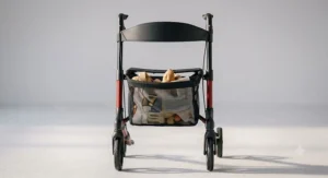 Front view of an ultra-lightweight aluminium four-wheel walking frame designed for senior women.