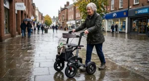 Weather-resistant outdoor mobility rollator with reliable loop brakes on a damp British pavement