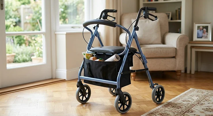 A standard four-wheeled walking frame for Parkinson's disease featuring a built-in seat and shopping bag.