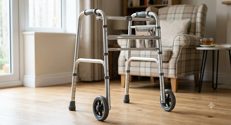 Standard lightweight aluminium wheeled zimmer frame with two front wheels and slip-resistant rubber ferrules on the back legs, designed for elderly mobility support.