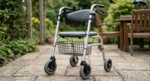 Four-wheeled zimmer frame rollator with a padded seat, backrest, and loop-lock brakes for outdoor walking assistance.