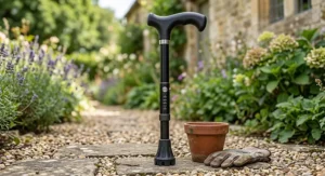 Lightweight height-adjustable aluminium derby handle walking stick in matte black with a non-slip rubber ferrule