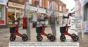 Diagram showing height-adjustable handles on a sturdy folding rollator for correct posture