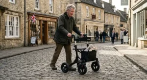 A senior man smoothly pushing a four-wheel all terrain rollator walker across historic cobbled pavement in a British market town.