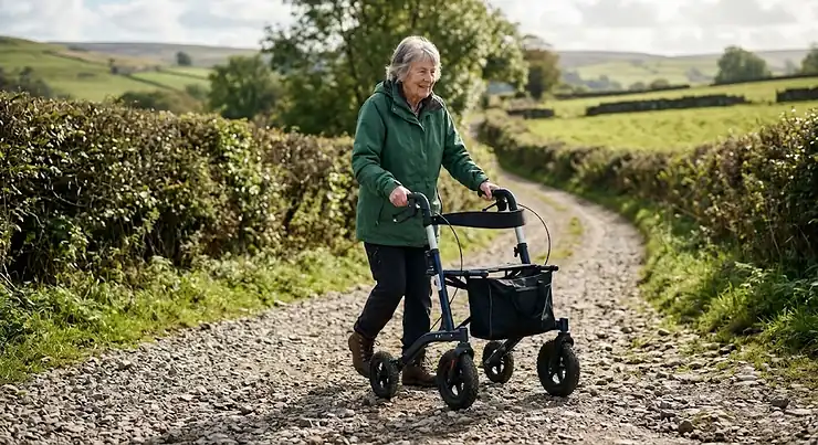 An elderly person walking confidently along a rustic countryside gravel path using a heavy-duty all terrain rollator walker with large pneumatic tyres.