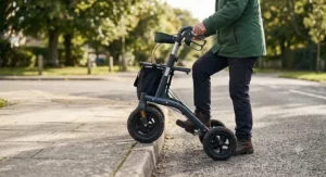 A user safely stepping an all terrain rollator walker over a raised pavement kerb using the integrated kerb-stepper pedal.