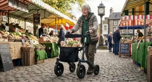 An outdoor all terrain rollator walker with a detachable fabric shopping bag being used at a local UK high street market.