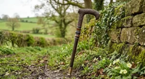 Antique style dark timber wooden walking stick with an intricately carved floral pattern handle.