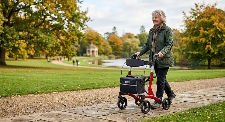 Senior woman walking outdoors using the best folding rollator on a paved British park pathway