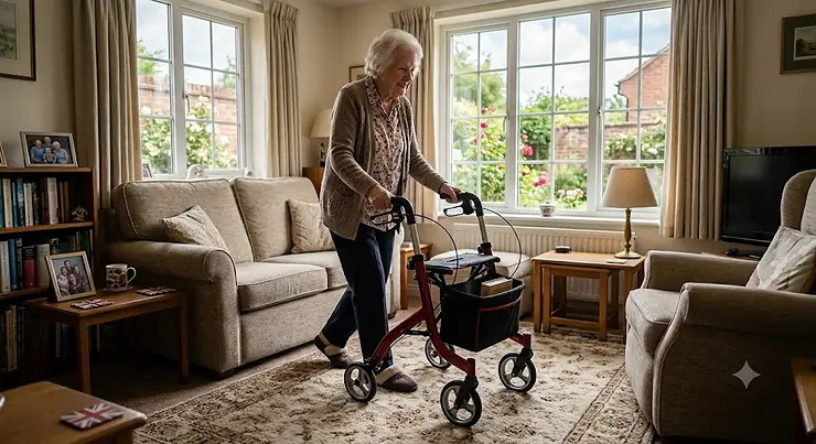 A senior woman using a compact indoor rollator walker in a modern UK living room. best indoor rollator