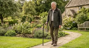 Elderly man walking comfortably outdoors with a sturdy offset handle walking stick relieving knee osteoarthritis pain.