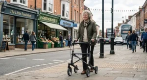 Senior woman using the best rollator for travelling along a British high street pavement
