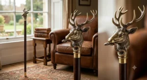 A decorative walking stick for men featuring an intricately carved brass animal head handle.