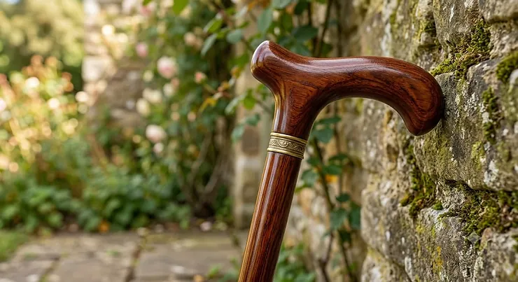 Classic solid chestnut derby handle walking stick with a polished wooden finish and decorative brass collar