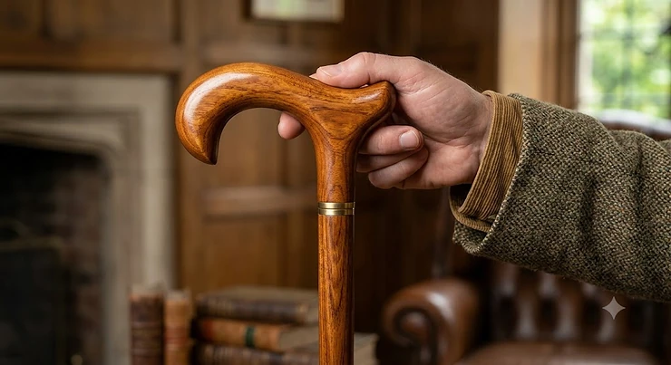 A classic wooden walking stick for men featuring a traditional polished Derby handle, handcrafted from solid chestnut timber. walking sticks for men