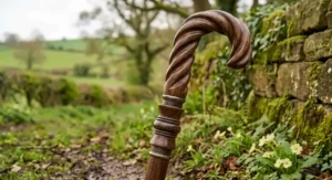 Close-up detail of a bespoke wooden walking stick with an intricately carved handle made in Britain.