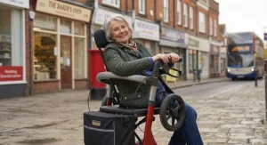 Senior woman resting on the supportive backrest and seat of a lightweight folding rollator