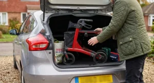 Person storing a compact folded rollator walker into the boot of a hatchback car in the UK