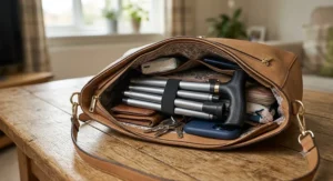 An adjustable aluminium folding walking stick neatly collapsed into four sections inside a lady's handbag
