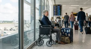 Compact travel rollator folded next to a passenger in a busy airport terminal