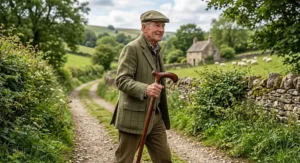 Illustration of a gentleman walking along a British countryside path using a traditional wooden derby handle walking stick