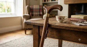 Traditional Derby handle walking stick for women resting against a wooden table