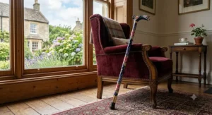 Elegant floral designer walking cane for women standing beside an armchair