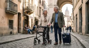 Elderly British couple enjoying a weekend holiday with a lightweight travel rollator