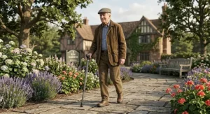 Illustration of a senior British gentleman walking smoothly outdoors using a height-adjustable walking stick.