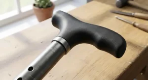 Detailed artwork of a comfortable soft-grip ergonomic Derby handle on an adjustable walking stick.