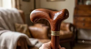 Close-up illustration showing the contoured ergonomic grip of a derby handle walking stick for comfortable support
