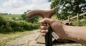 Comfortable ergonomic wooden handle on a lightweight folding walking stick under £20