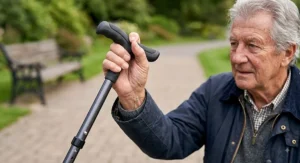 Close-up of a walking stick with a comfortable ergonomic handle designed to help with hip arthritis and mobility.