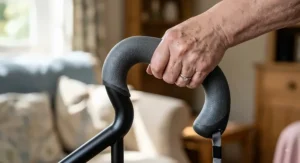 Close-up of an ergonomic offset walking stick handle offering comfortable support for arthritic hand joints.