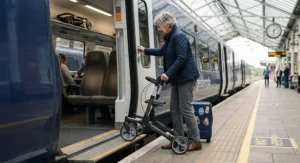 Traveller boarding a British train with a lightweight foldable rollator frame