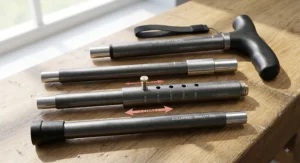 Illustration of a compact folding adjustable walking stick broken down into four sections for travel.