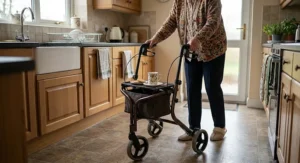 Lightweight folding indoor rollator tucked neatly into a small under-stairs storage cupboard.