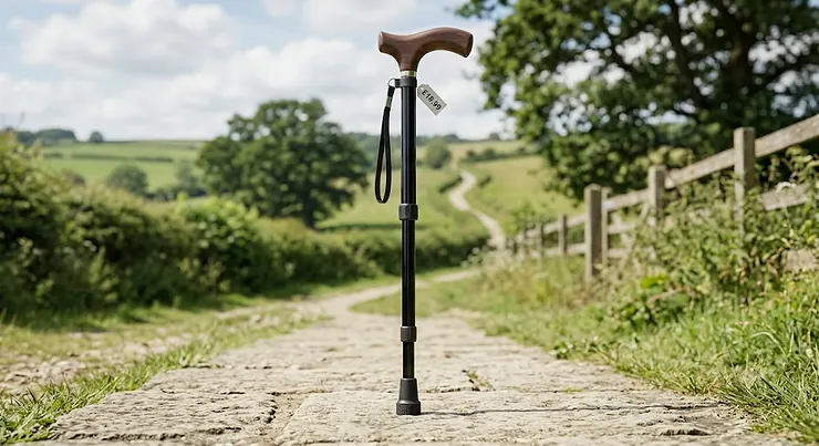 Illustration of a lightweight folding walking stick under £20 shown assembled and fully extended