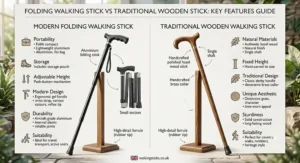 Infographic summarizing key features of a folding walking stick versus a traditional wooden walking stick