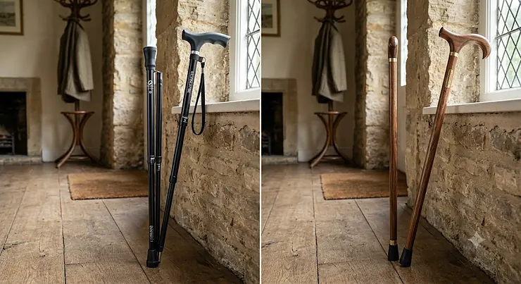 Side by side comparison of a lightweight aluminium folding walking stick and a classic dark hardwood wooden walking stick, folding walking stick vs wooden walking stick