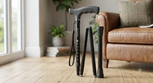 An adjustable folding walking stick for men designed with a lightweight black aluminium shaft and an ergonomic grip handle.