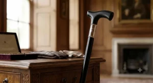 An elegant black formal walking stick for men with a polished silver collar, perfect for evening wear and special occasions.