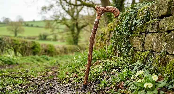 Handcrafted hazel wooden walking stick with a carved derby handle, ideal for British countryside rambles.